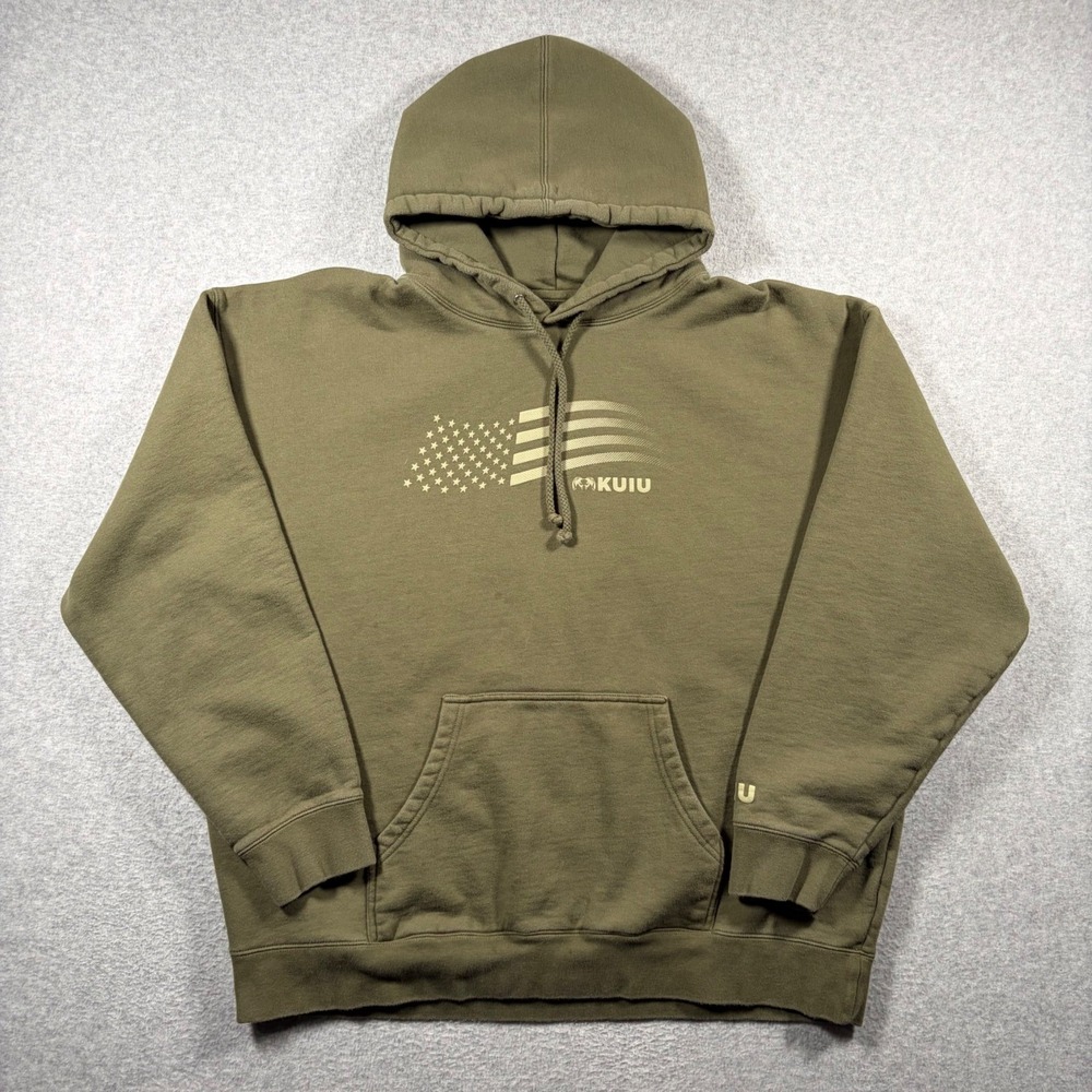 KUIU Hoodie Men 3XL Green American Flag Graphic Logo Long Sleeve Pullover Stains